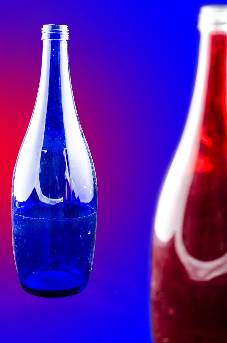 glas, blå rød, farve, glasflasker, flaske