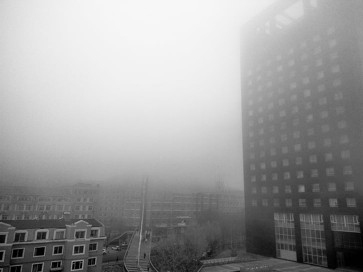 épületek, hátborzongató, köd, ködös, köd, a szabadban, lépcső