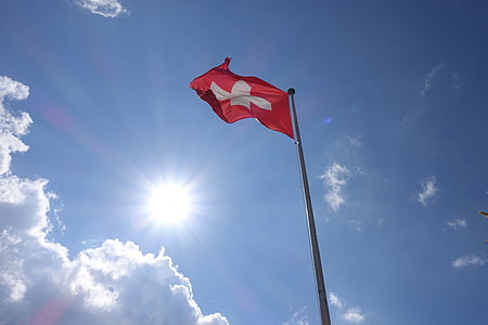 Sveits, flagg, kors, skyer, flagre, rød, hvit