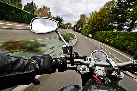 motorcycle, road, speed, rear view mirror, transportation, mode of transport, land vehicle