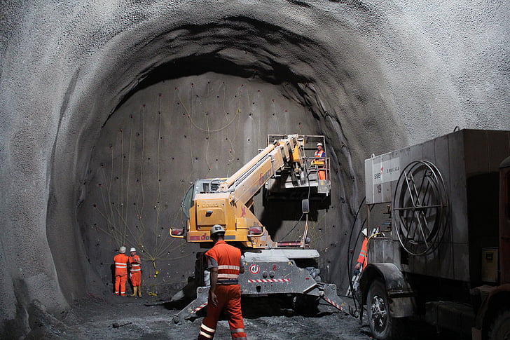 tunnel, õhkima, saidi, ehitustöölised, puhub kuni, baukran, underground