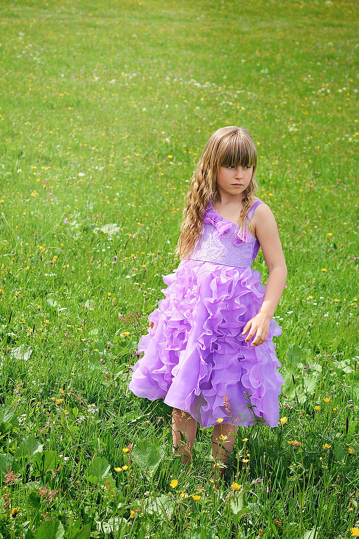 person, human, child, girl, blond, dress, meadow