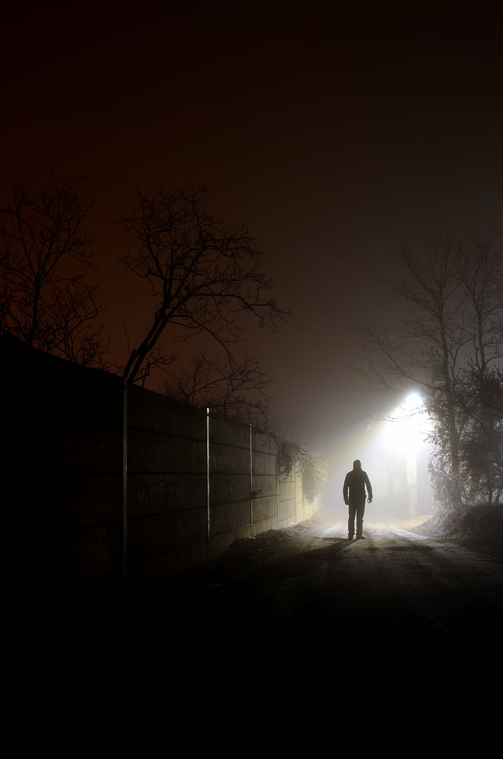 at night, foreign, light, fog, fearful, mood, silhouette