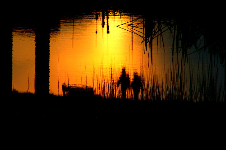 amor, puesta de sol, agua, reflexión, pareja, puente, sombra