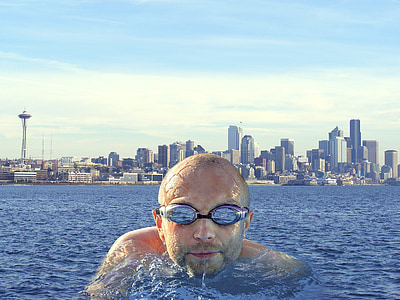 carrossa, l'aigua, nedar, Seattle, ciutat, horitzó, paisatge urbà