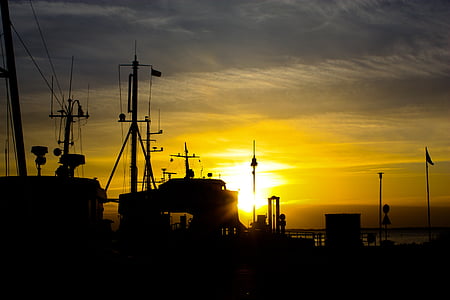 Puerto, puesta de sol, mar, Fischer, Mar Báltico, Mecklemburgo pomerania occidental, Puerto de schaprode