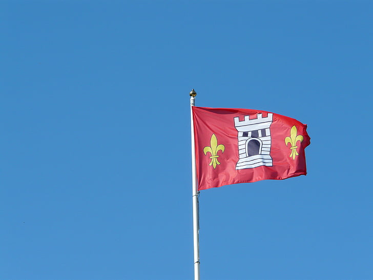 flag, sky, coat of arms, castle