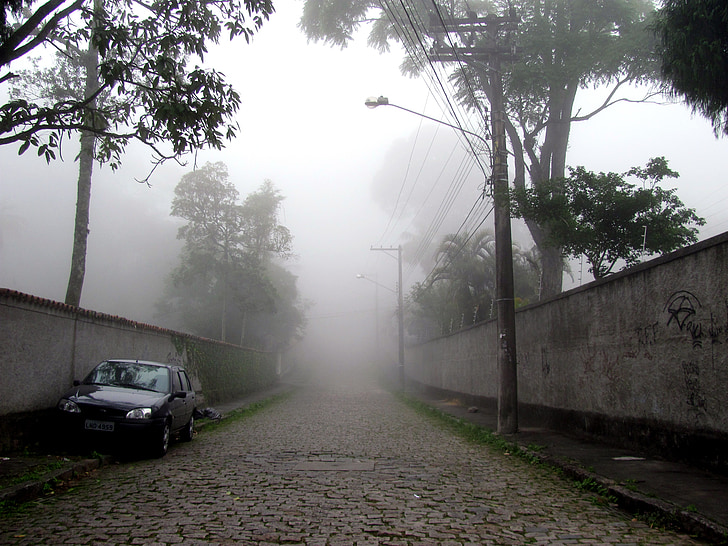 Petrópolis, niebla, pueblo de montaña, calle, aserradero