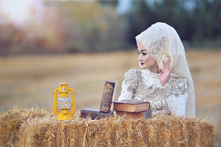 book, lantern, girl, bridal, fashion, hay, field