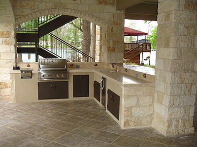 cozinha ao ar livre, pedra, alvenaria, cobre, cozinhar, ao ar livre, cozinha