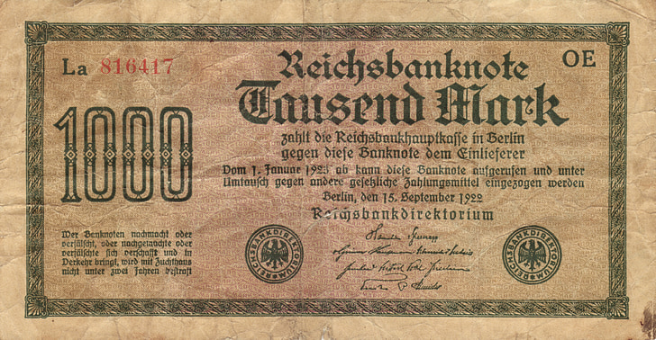 kağıt para, banknot, banknot, İmparatorluk banknot, Alman İmp., 1922, eski