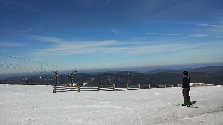 Ski, sneeuw, berg, panoramisch, blauw, hemel, bijhouden