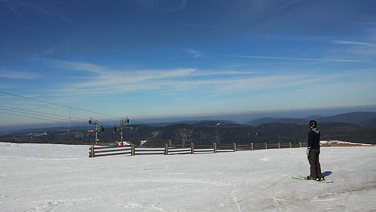 schi, zăpadă, munte, vedere panoramică, albastru, cer, piesa