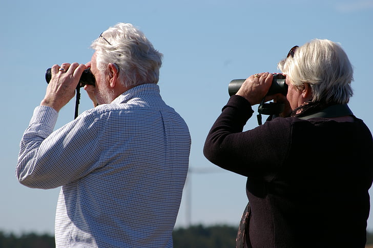 binoculares, curioso, pareja, mayores, manía, enfoque, fotografiando
