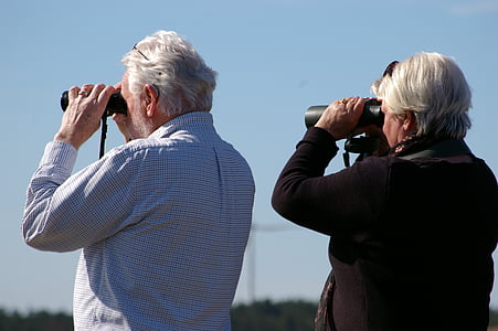binoculars, curious, couple, older, hobby, focus, photographing