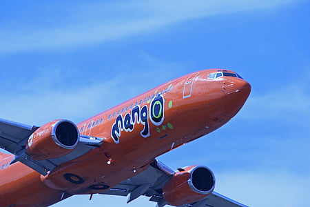 jet, 737, Boeing, orange, display, flyvende, lav