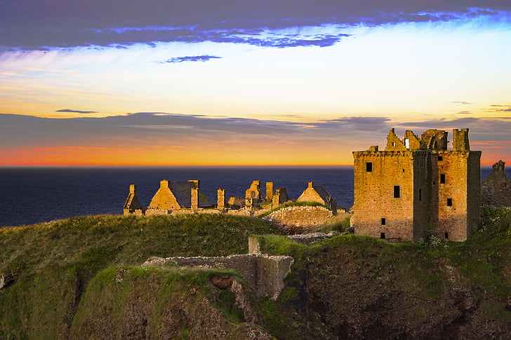 dunnottar, castle, sunset, scotland, scottish, sea, fortress