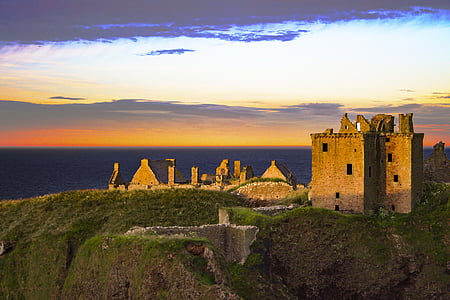 Dunnottar, Castle, Sunset, Skotland, skotske, havet, fæstning