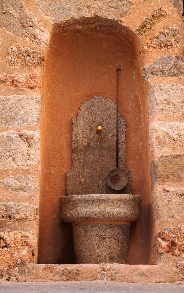 fonte, bacia de água, fonte de água, arquitetura, parede, emparedada, pedra