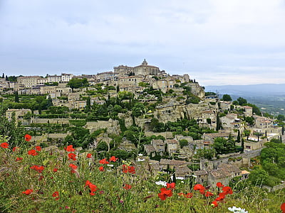 Gordes, küla, lilled, õitsev, Provence, Prantsusmaa, keskaegne
