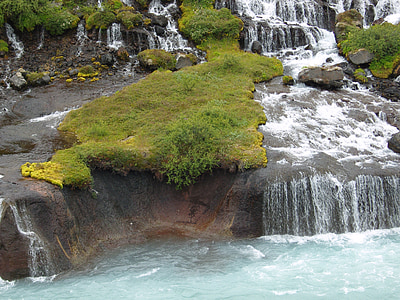 Moss, agua, Islandia, pequeña cascada, roca, pequeño lago, húmedo