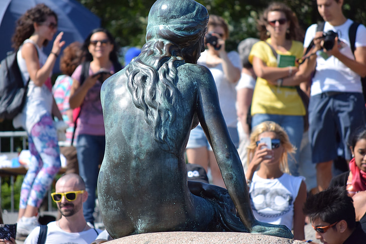 pequena sereia, estátua, Andersen, Dinamarca, Copenhaga, turistas, Verão