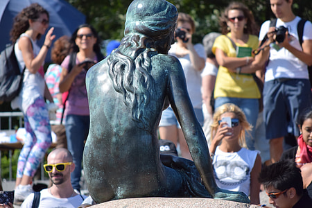 kleine zeemeermin, standbeeld, Andersen, Denemarken, Kopenhagen, toeristen, zomer