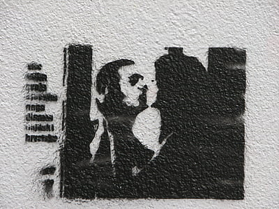 graffiti, zwart-wit, silhouet, kus, paar, muur, stencil
