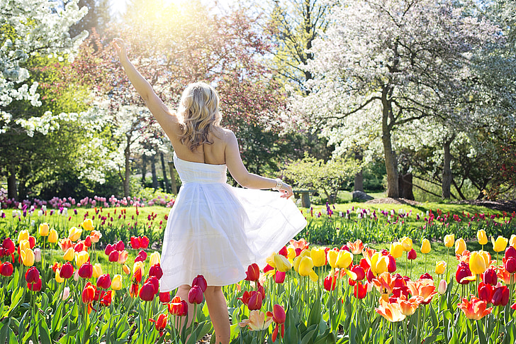 spring, tulips, pretty woman, young woman, flowers, springtime, female