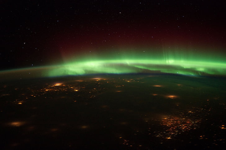 aurora borealis, northern lights, unites states, midwest, space, satellite image, sky