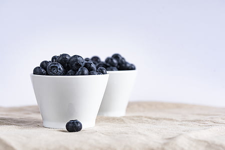 black, seeds, white, ceramic, bowls, blueberries, fruits
