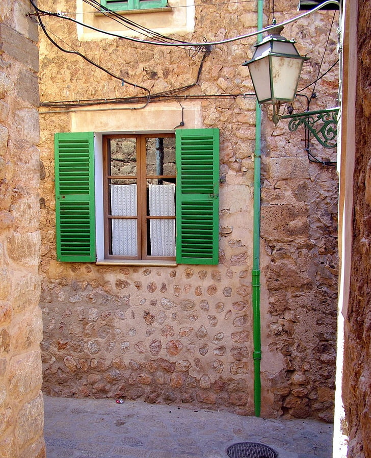 lantern, old, shutters, green, stone, wall, natural