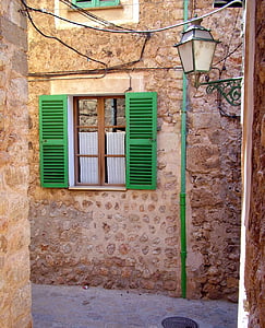 lantern, old, shutters, green, stone, wall, natural