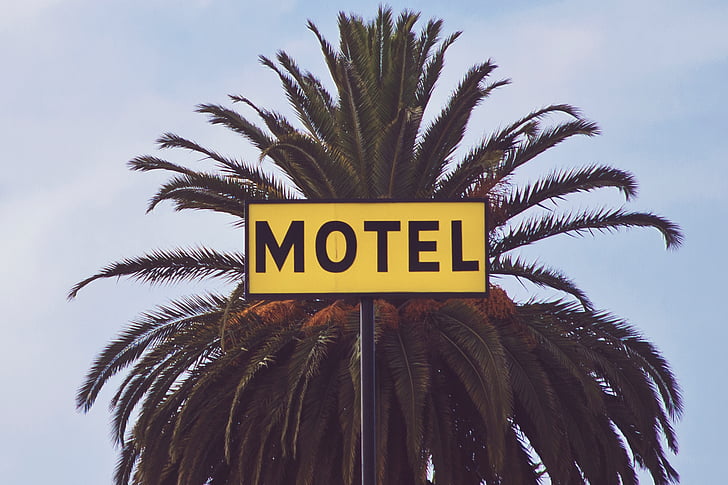 Motel, árvores, edifício, estabelecimento, quartos, sinalização, palmeira
