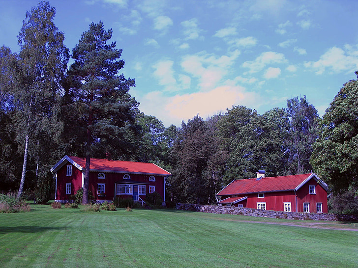 スウェーデン, 風景, 家, 納屋, 空, 雲, ホーム
