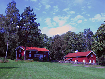 sweden, landscape, house, barn, sky, clouds, home