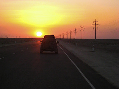 Cazaquistão, pôr do sol, deserto, areia