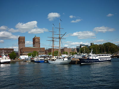 Oslo, Stadshuset, Oslofjorden, Norge, hamn, resor, staden