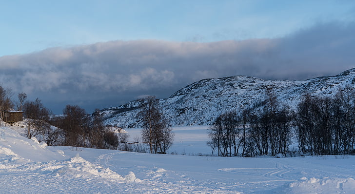 Norsko, Kirkenes, krajina, hory, sníh, cestování, obloha
