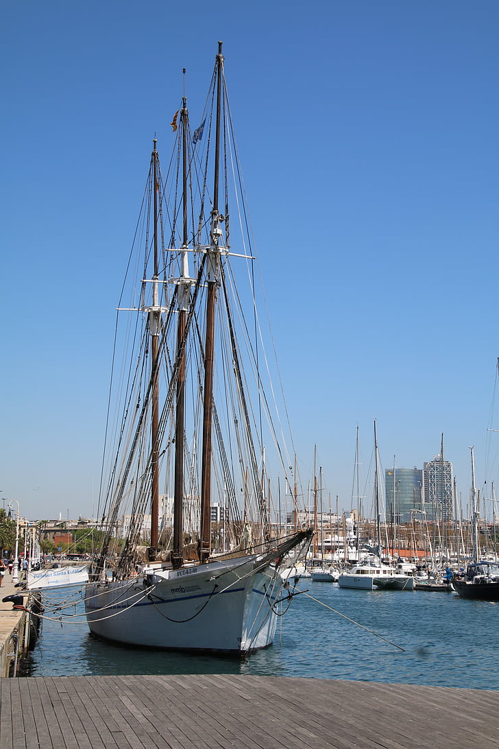 кораб, ветроходна лодка, Барселона, лято, празник, морски кораб, пристанище