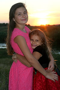 sisters, love, hug, sunset, happiness, child, outdoors