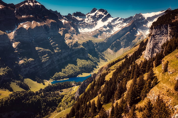 switzerland, mountains, canyon, gorge, valley, river, snow