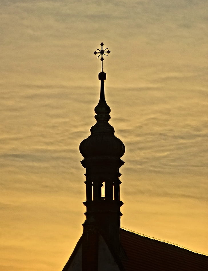 Bydgoszcz, Katedrala, zalazak sunca, kupola, toranj, silueta, Crkva