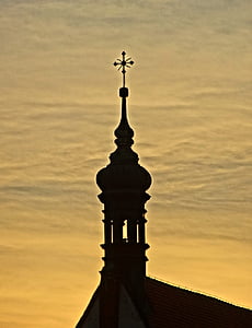 Bydgoszcz, Domkyrkan, solnedgång, torn, tornet, siluett, kyrkan