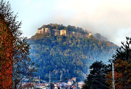 pevnost doncaster, mlha, krajina, Saské Švýcarsko, Hora, Příroda, strom