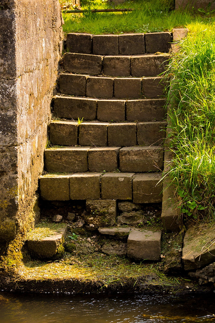 stairs, stone stairway, broken, bach, water, garden, lawn green