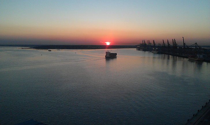 günbatımı, Dock, su, gökyüzü, doğa, manzara, tekne