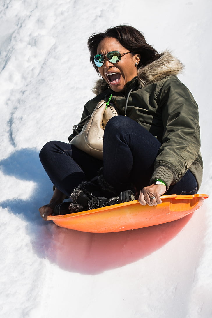 snow, sled, fun, winter, outdoors, people, smiling