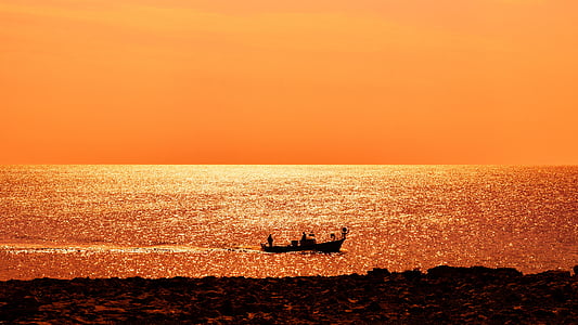 morje, čoln, sončni zahod, zlata, sončne svetlobe, obzorje, čas ribolova