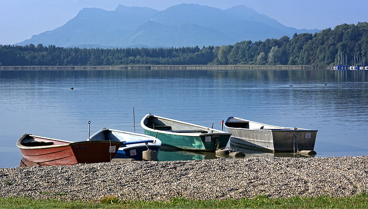 bote de remos, arranque, paisaje, Chiemsee, Baviera, Lago, agua